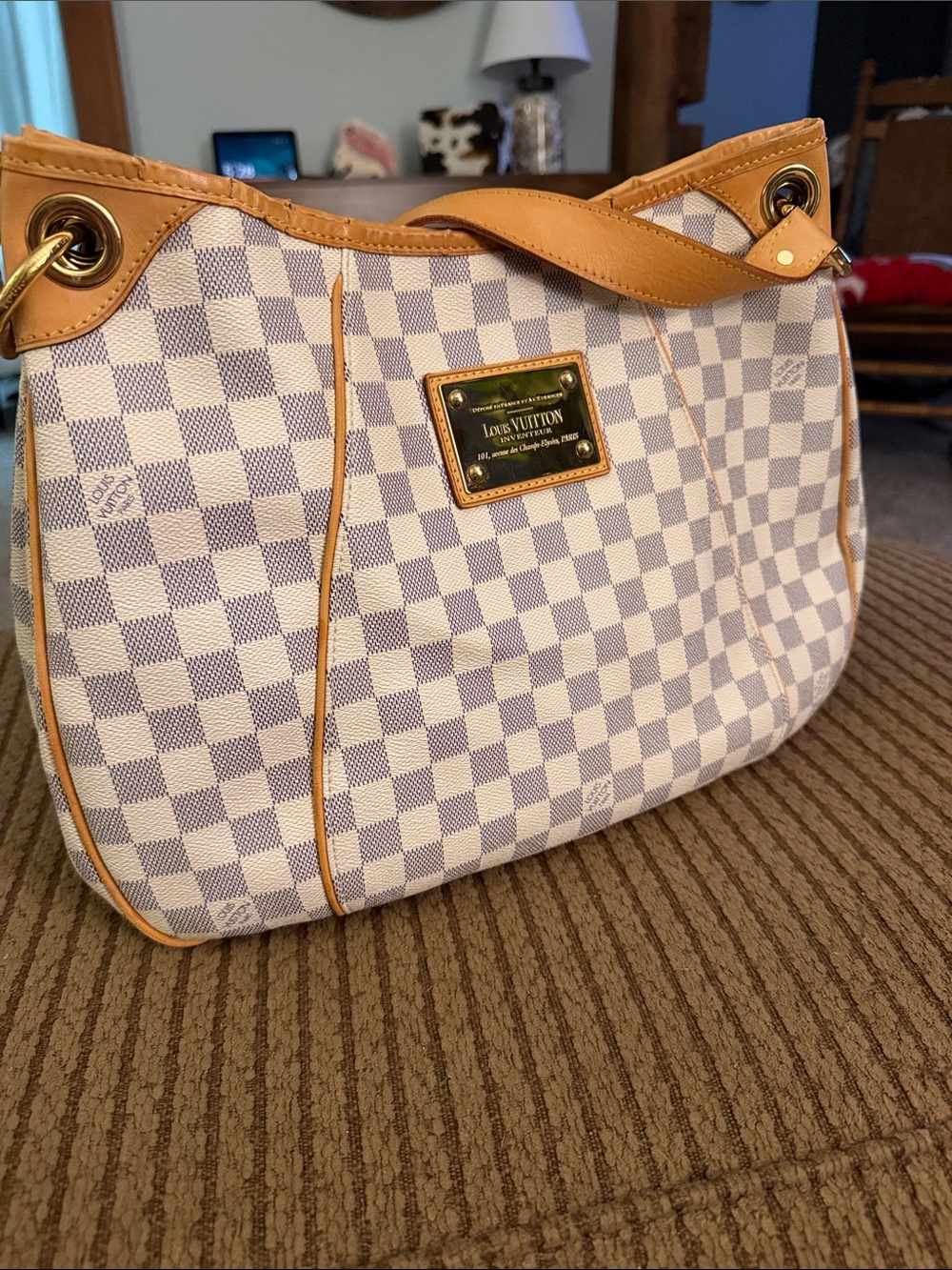 Louis Vuitton Damier Azur Galaria Canvas Shoulder Bag in White and Tan Leather